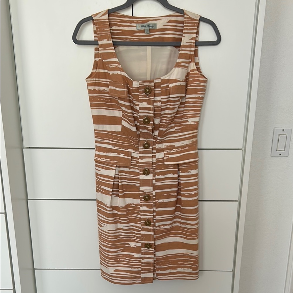 Beth Bowley Brown and White Ruched Sheath Dress